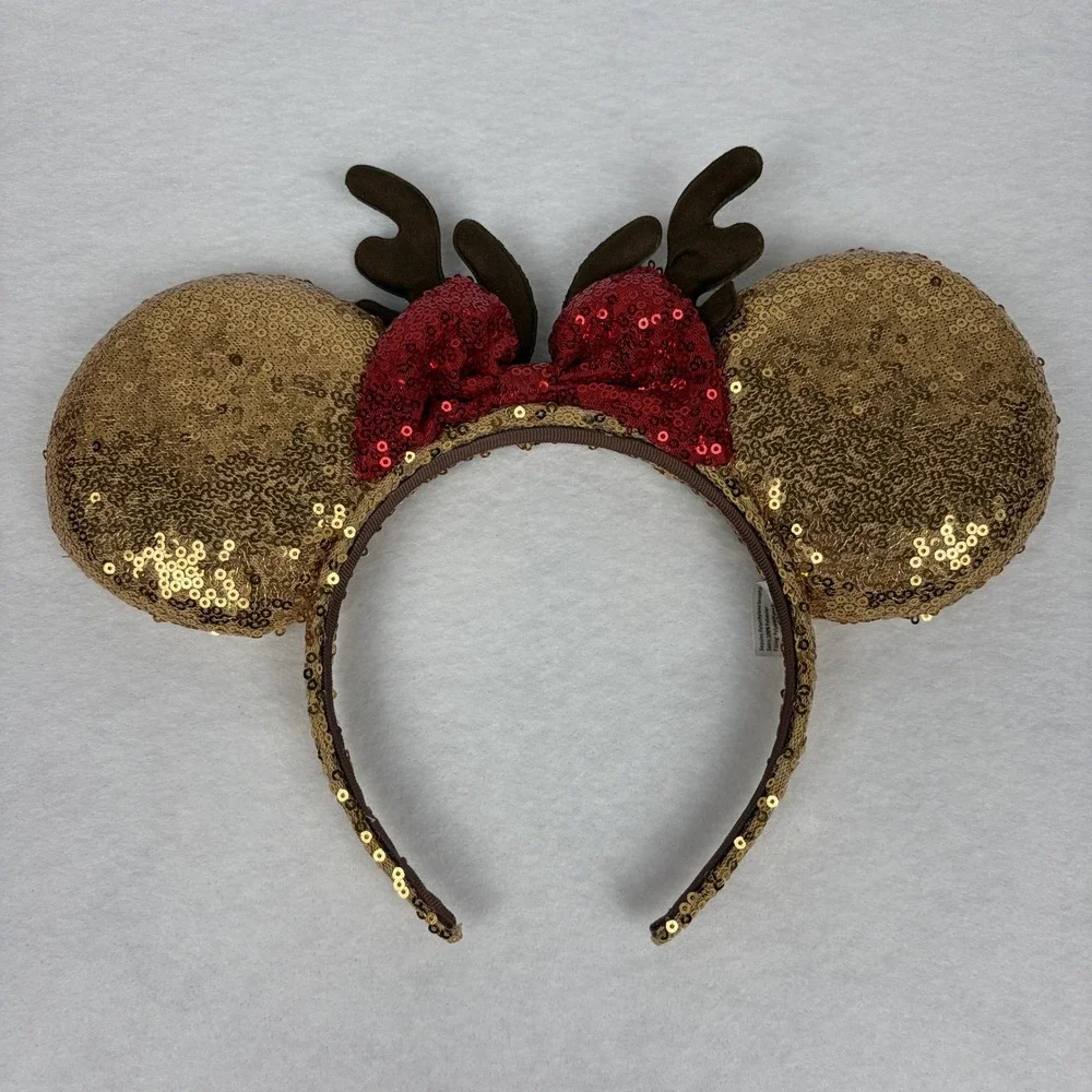 Disney Parks Minnie Mouse Reindeer Headband Gold Red Sequin Holiday Ears Antlers